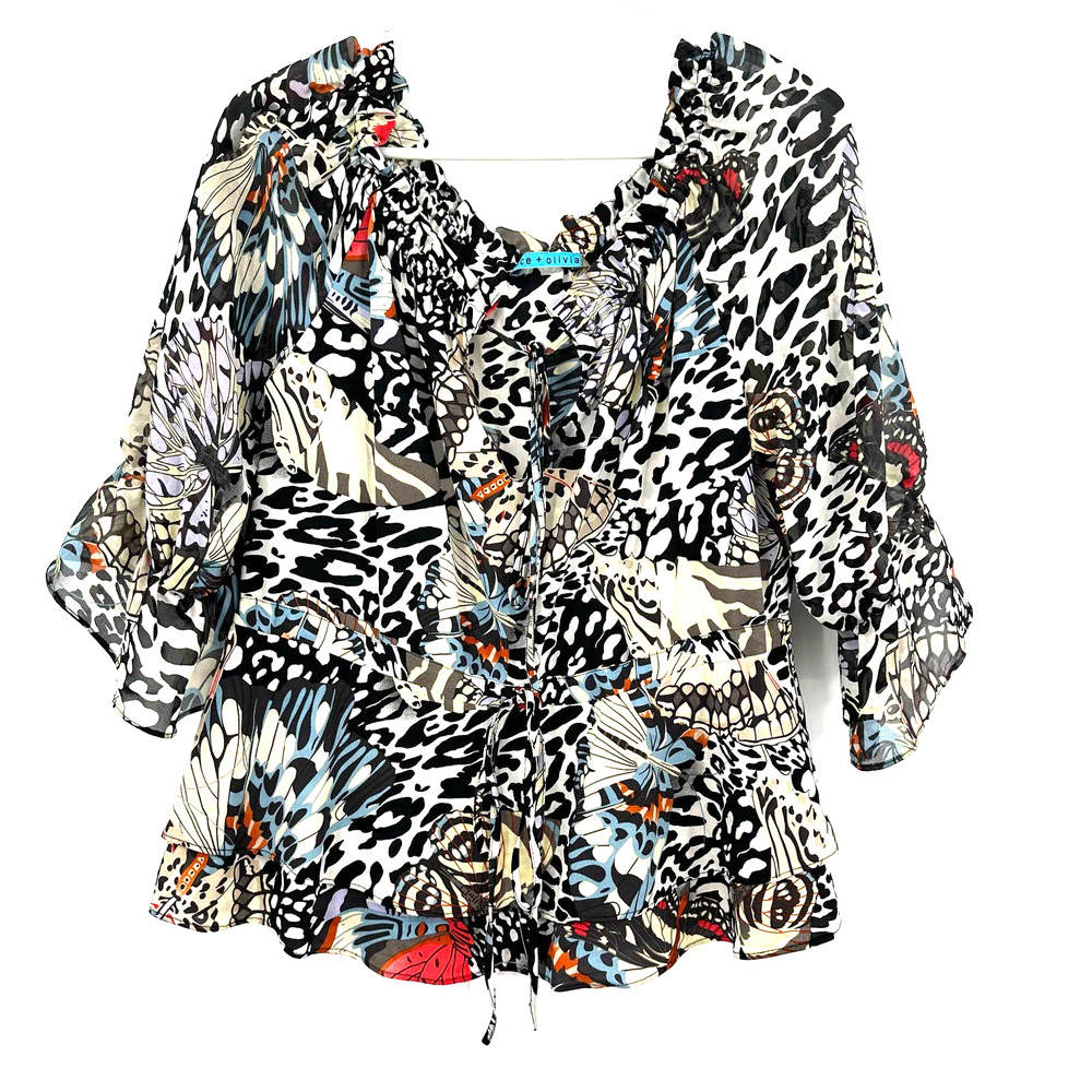 Alice +‎ Olivia size XS silk blouse elbow length sleeves ruffle hem black white